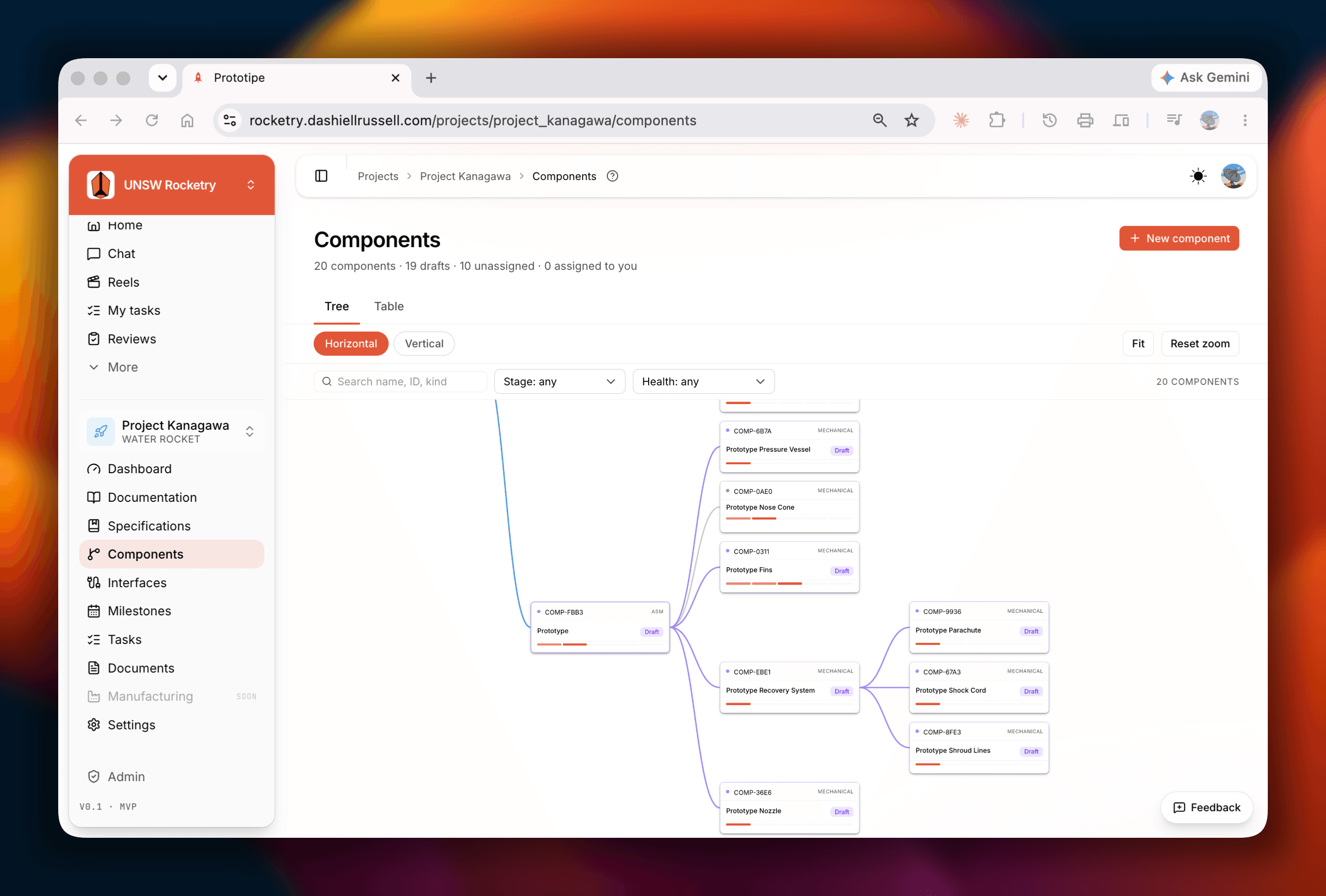 Components tree — assemblies binding to specs